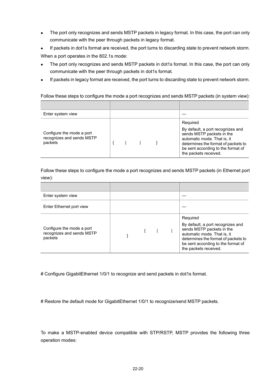 Configuration procedure, Configuration example, Configuring the mstp operation mode | Configuring the mstp operation mode -20 | H3C Technologies H3C WX3000 Series Unified Switches User Manual | Page 189 / 686