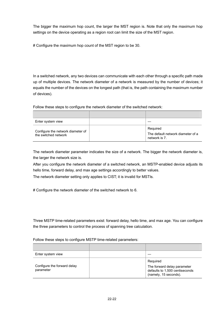Configuration example, Configuration procedure, Configuring the mstp time-related parameters | H3C Technologies H3C WX3000 Series Unified Switches User Manual | Page 191 / 686