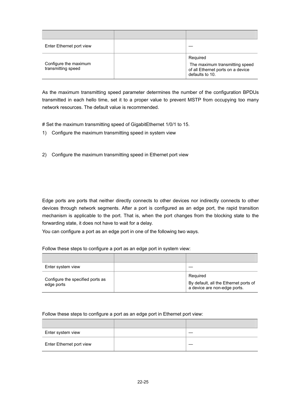 Configuration example, Configuring the current port as an edge port, Configure a port as an edge port in system view | Configuring the current port as an edge port -25 | H3C Technologies H3C WX3000 Series Unified Switches User Manual | Page 194 / 686