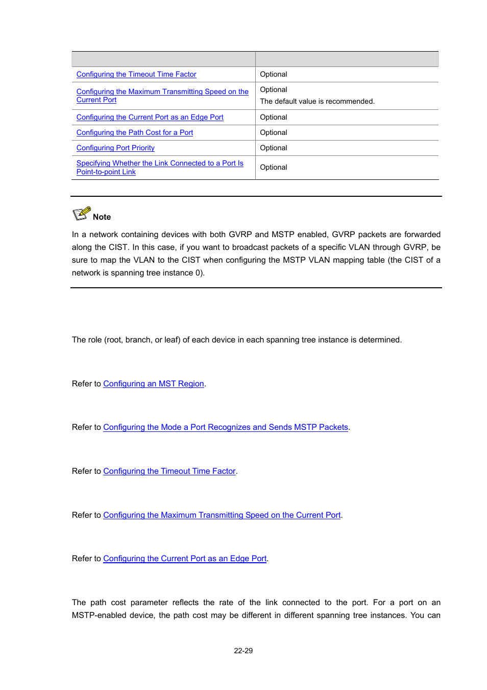 Configuration prerequisites, Configuring the mst region, Configuring the timeout time factor | Configuring a port as an edge port, Configuring the path cost for a port, 29 configuring the mst region | H3C Technologies H3C WX3000 Series Unified Switches User Manual | Page 198 / 686