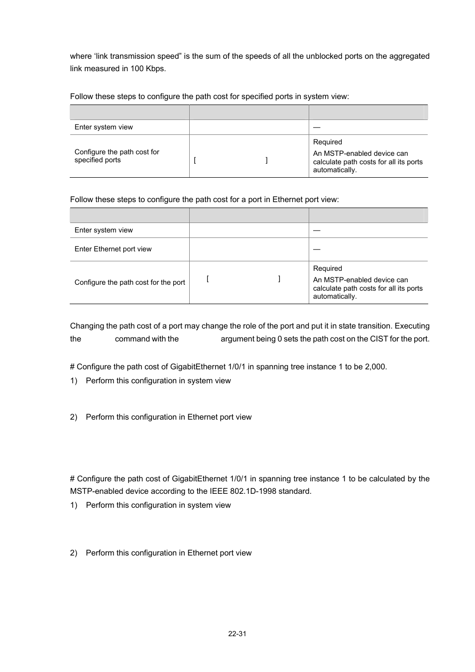 Configure the path cost for specific ports, Configuration example (a), Configuration example (b) | H3C Technologies H3C WX3000 Series Unified Switches User Manual | Page 200 / 686