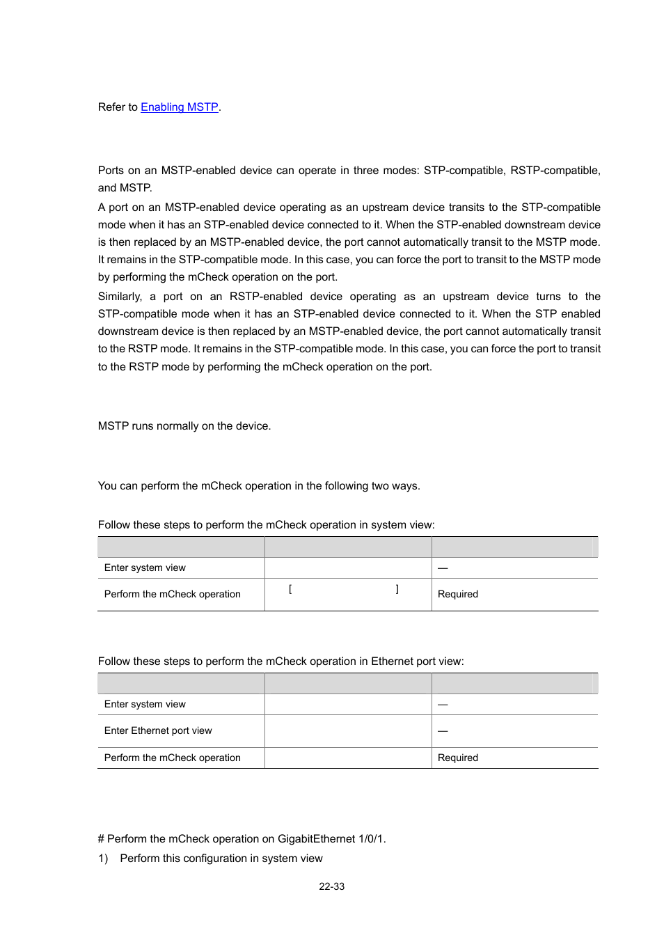 Enabling mstp, Performing mcheck operation, Configuration prerequisites | Configuration procedure, Perform the mcheck operation in system view, Perform the mcheck operation in ethernet port view, Configuration example, 33 configuration procedure, 33 configuration example | H3C Technologies H3C WX3000 Series Unified Switches User Manual | Page 202 / 686