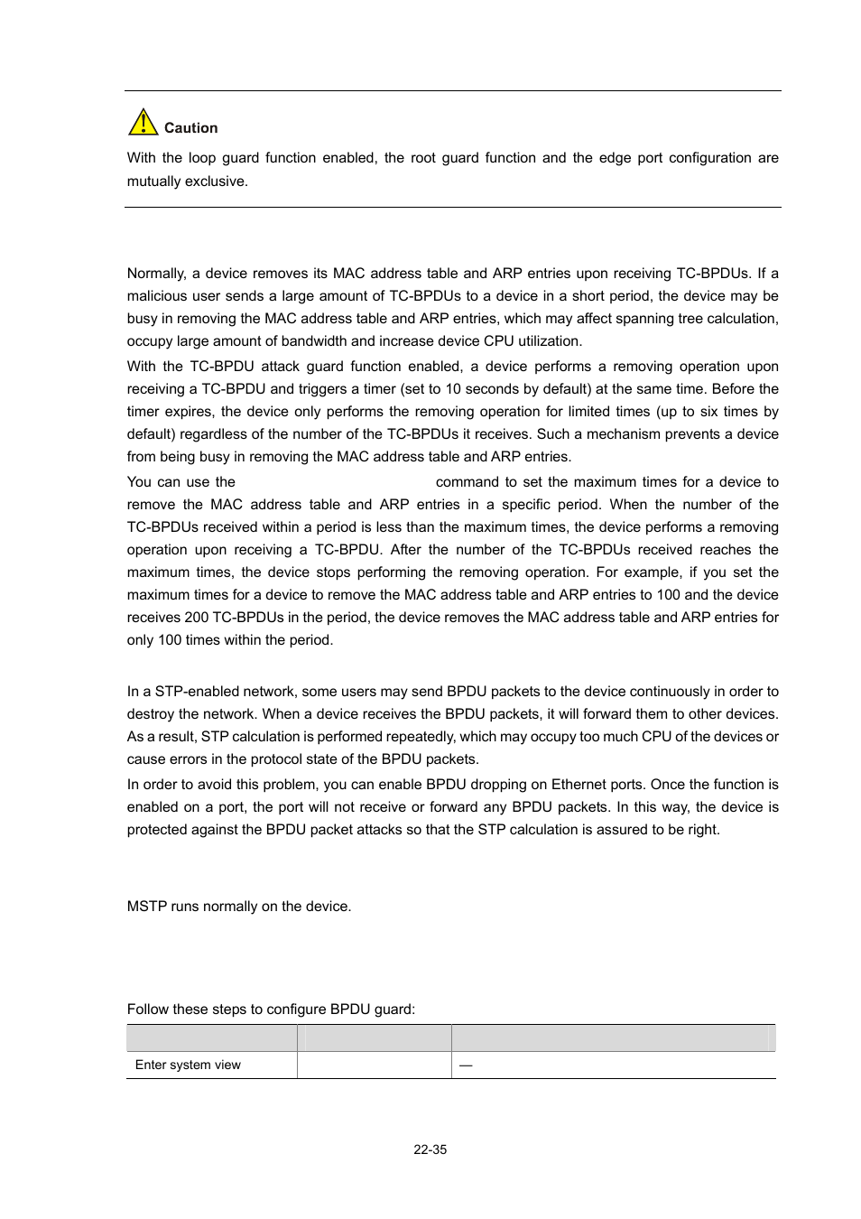 Tc-bpdu attack guard, Bpdu dropping, Configuration prerequisites | Configuring bpdu guard, Configuration procedure, 35 configuring bpdu guard | H3C Technologies H3C WX3000 Series Unified Switches User Manual | Page 204 / 686