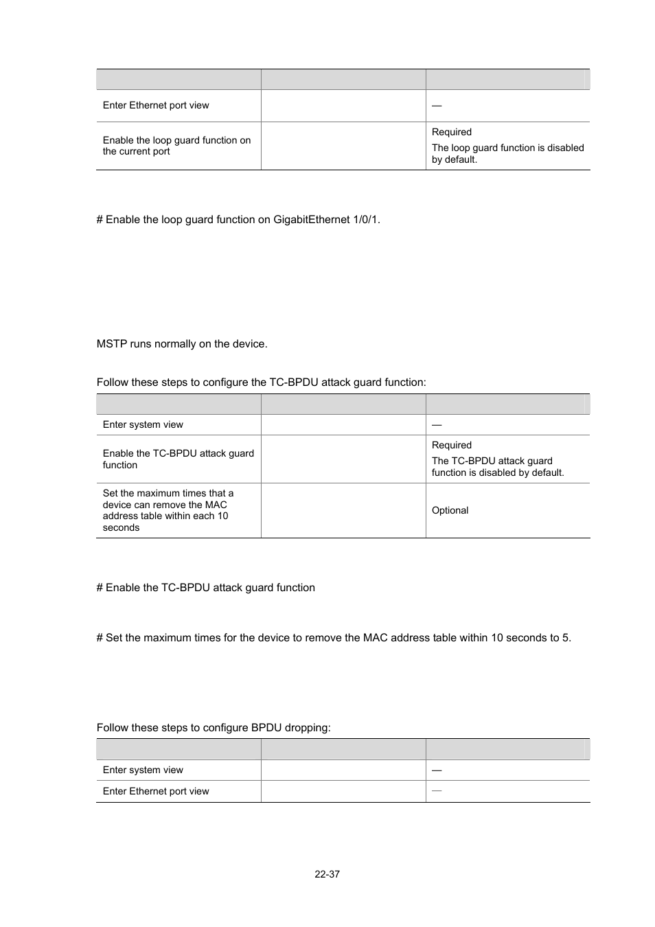 Configuration example, Configuring tc-bpdu attack guard, Configuration prerequisites | Configuration procedure, Configuring bpdu dropping | H3C Technologies H3C WX3000 Series Unified Switches User Manual | Page 206 / 686