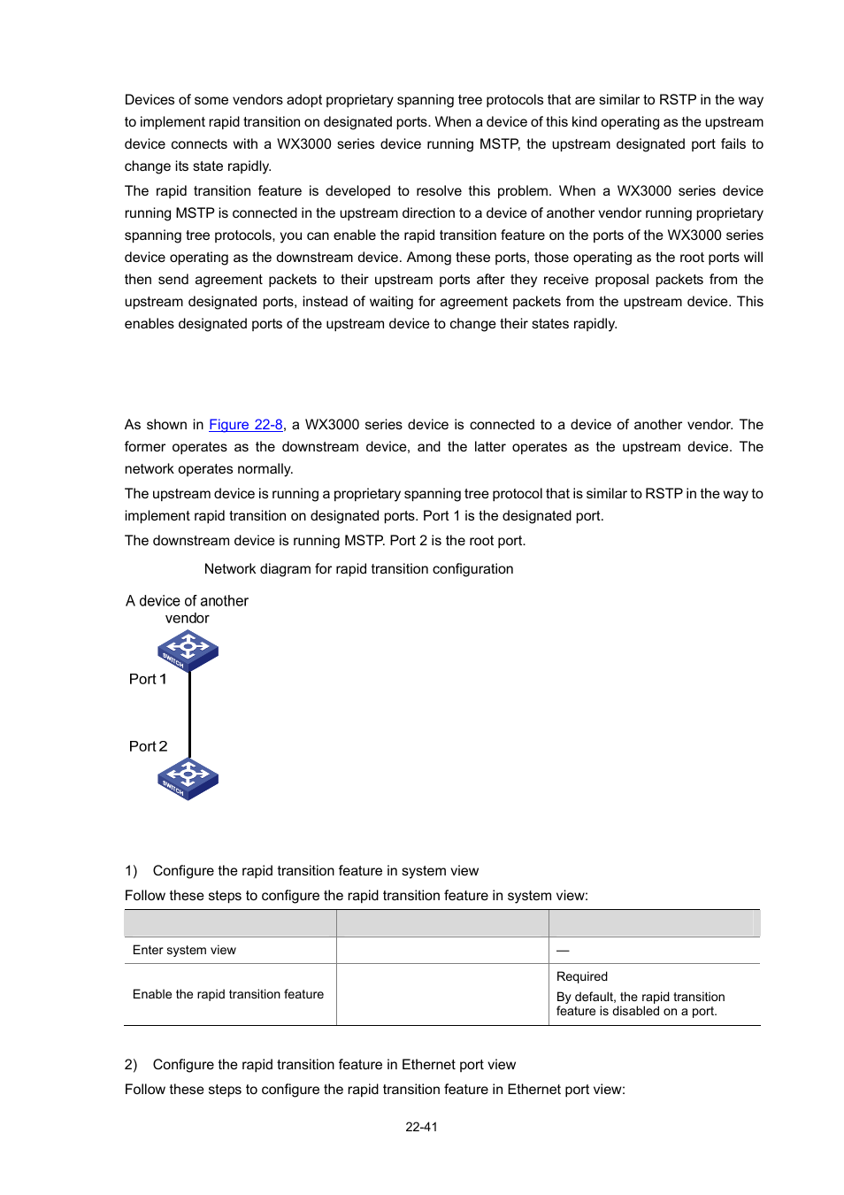Configuring rapid transition, Configuration prerequisites, Configuration procedure | H3C Technologies H3C WX3000 Series Unified Switches User Manual | Page 210 / 686