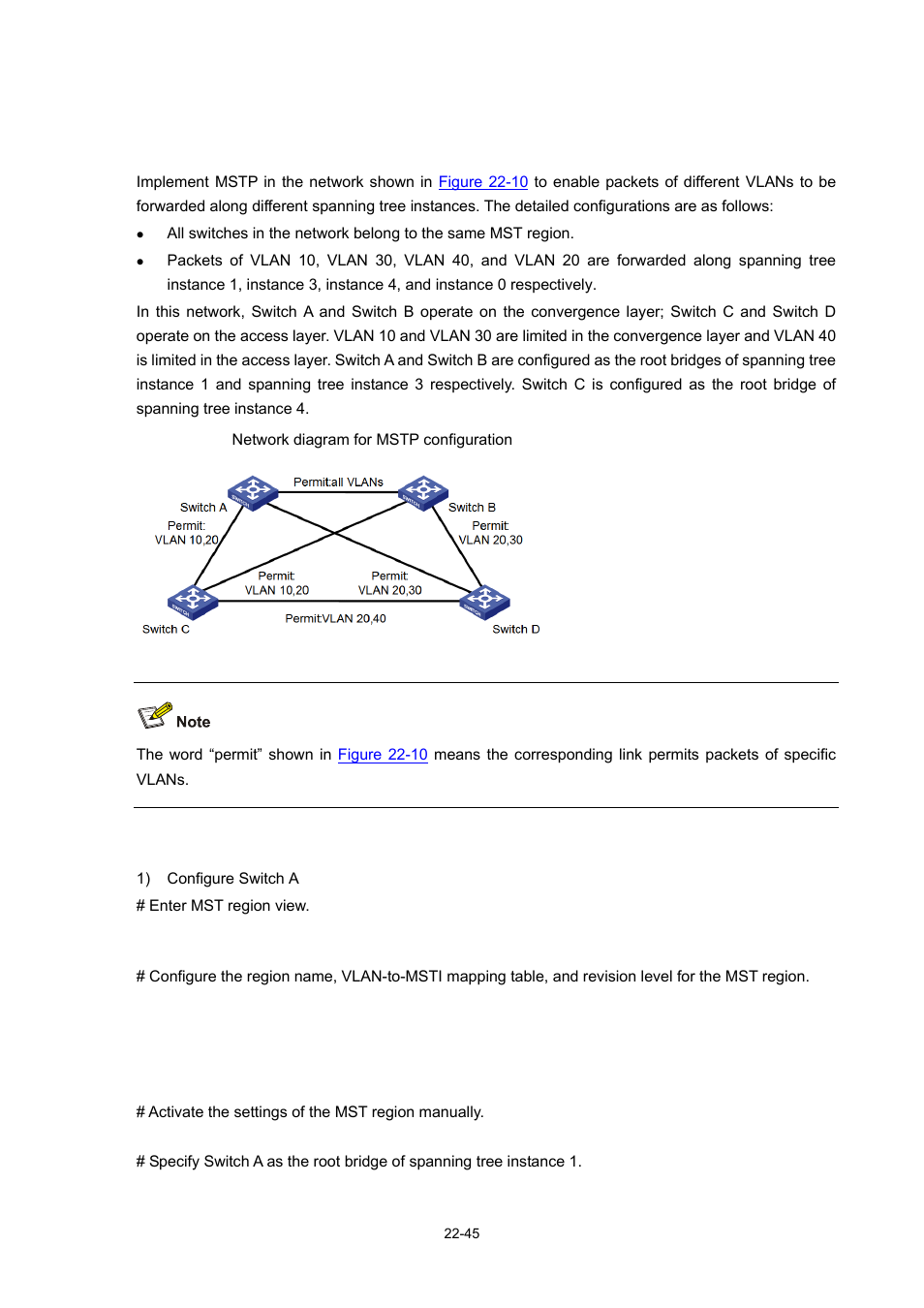 Mstp configuration example, Network requirements, Configuration procedure | H3C Technologies H3C WX3000 Series Unified Switches User Manual | Page 214 / 686