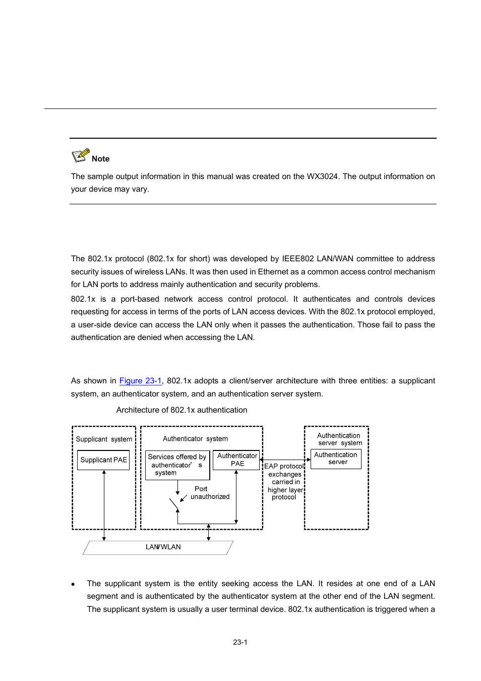 23 802.1x configuration, Introduction to 802.1x, Architecture of 802.1x authentication | 1x configuration | H3C Technologies H3C WX3000 Series Unified Switches User Manual | Page 218 / 686