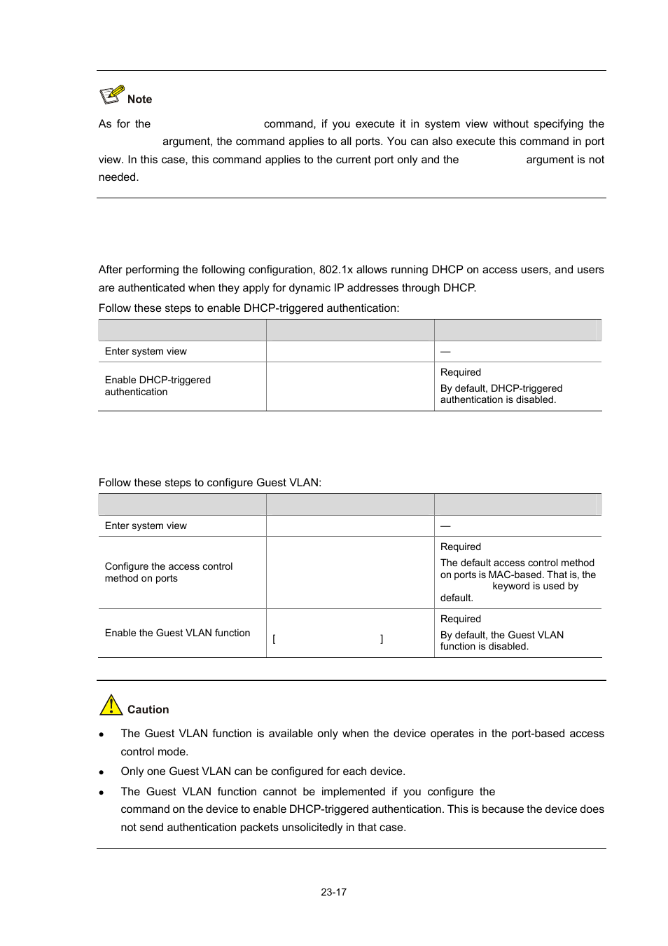 Enabling dhcp-triggered authentication, Configuring guest vlan | H3C Technologies H3C WX3000 Series Unified Switches User Manual | Page 234 / 686
