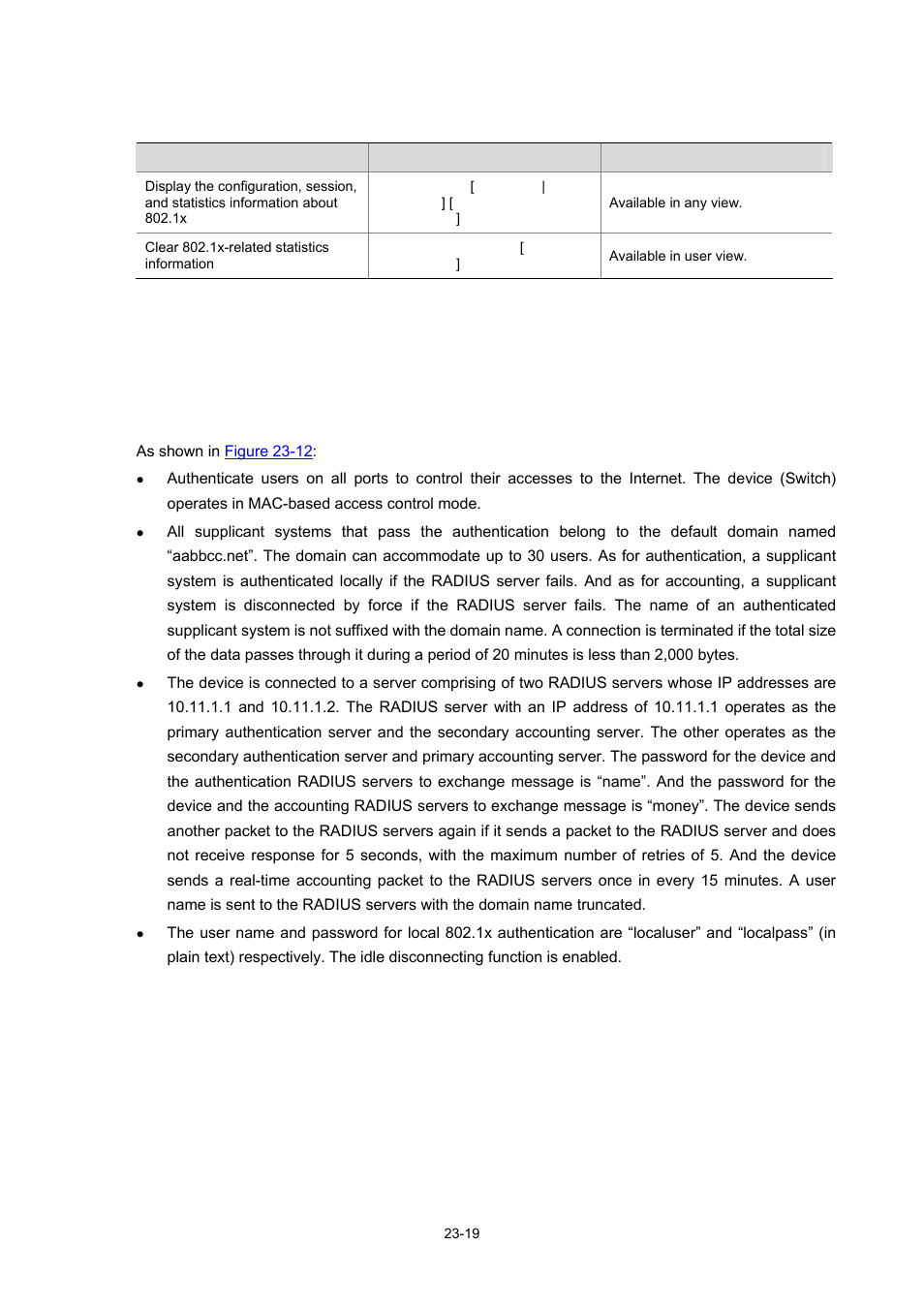 Displaying and maintaining 802.1x, Configuration example, 1x configuration example | Network requirements, 19 configuration example | H3C Technologies H3C WX3000 Series Unified Switches User Manual | Page 236 / 686