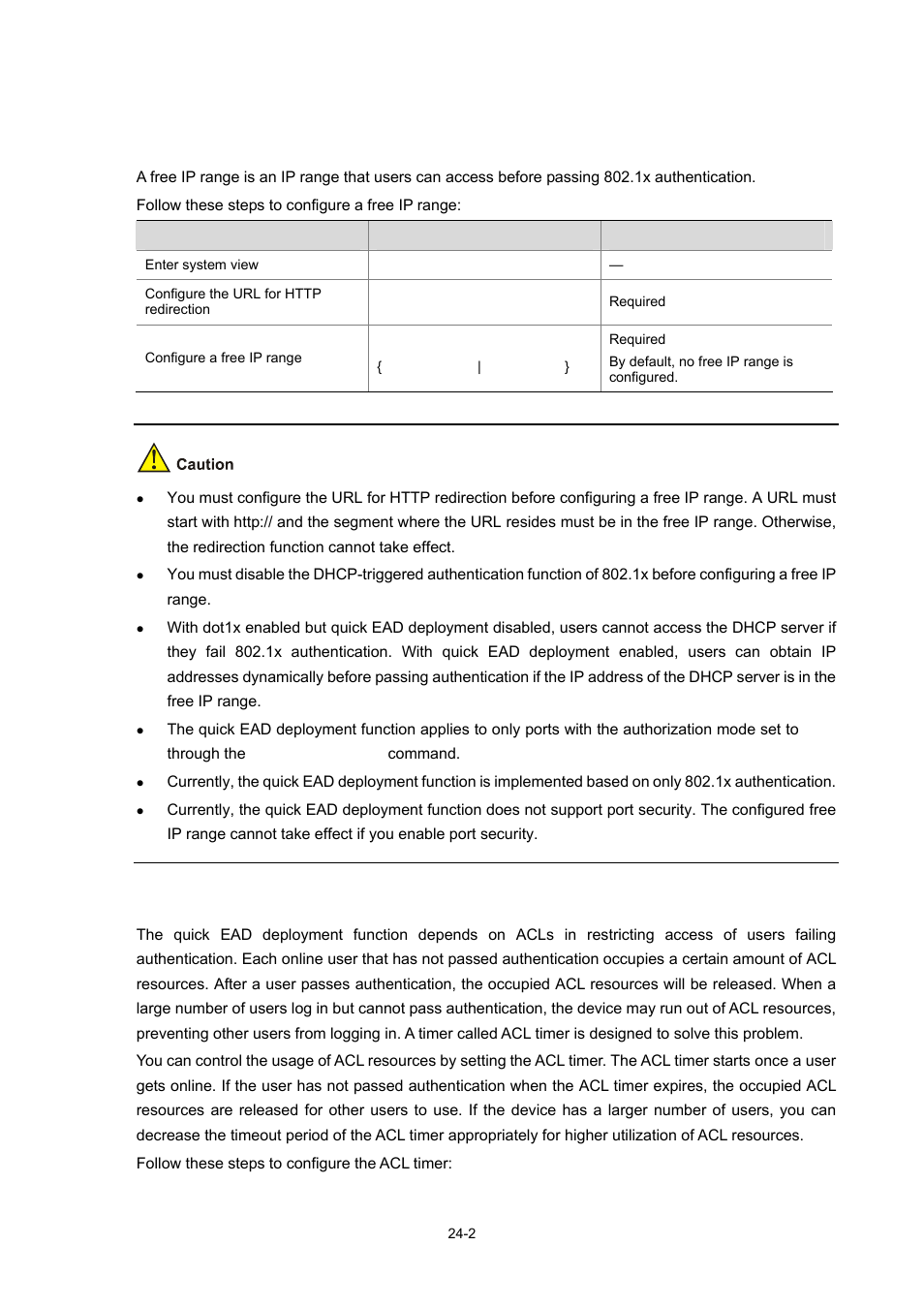 Configuration procedure, Configuring a free ip range, Setting the acl timeout period | H3C Technologies H3C WX3000 Series Unified Switches User Manual | Page 240 / 686