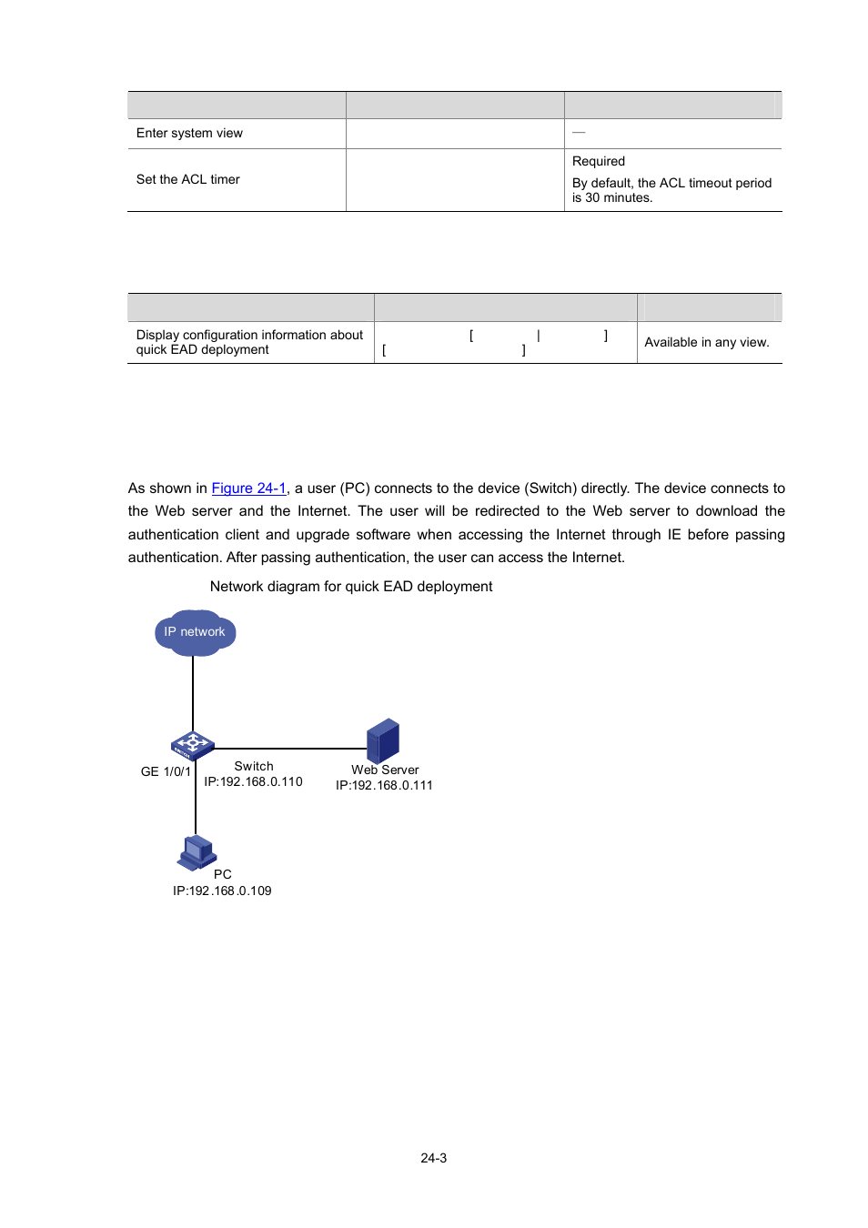 Displaying and maintaining quick ead deployment, Quick ead deployment configuration example, Network requirements | Displaying and maintaining quick ead deployment -3, Quick ead deployment configuration example -3 | H3C Technologies H3C WX3000 Series Unified Switches User Manual | Page 241 / 686