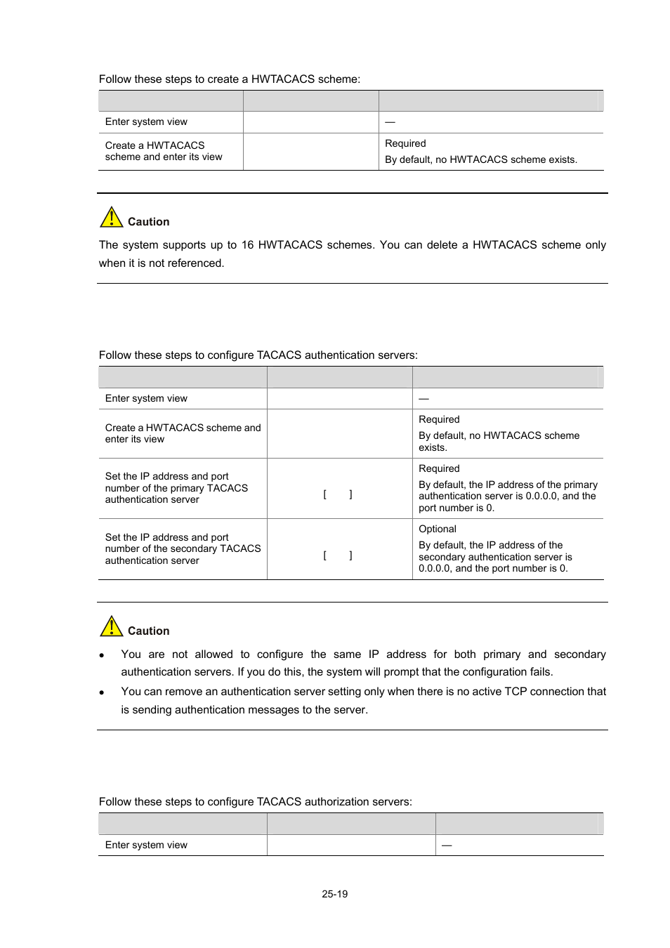 Configuring tacacs authentication servers, Configuring tacacs authorization servers | H3C Technologies H3C WX3000 Series Unified Switches User Manual | Page 271 / 686