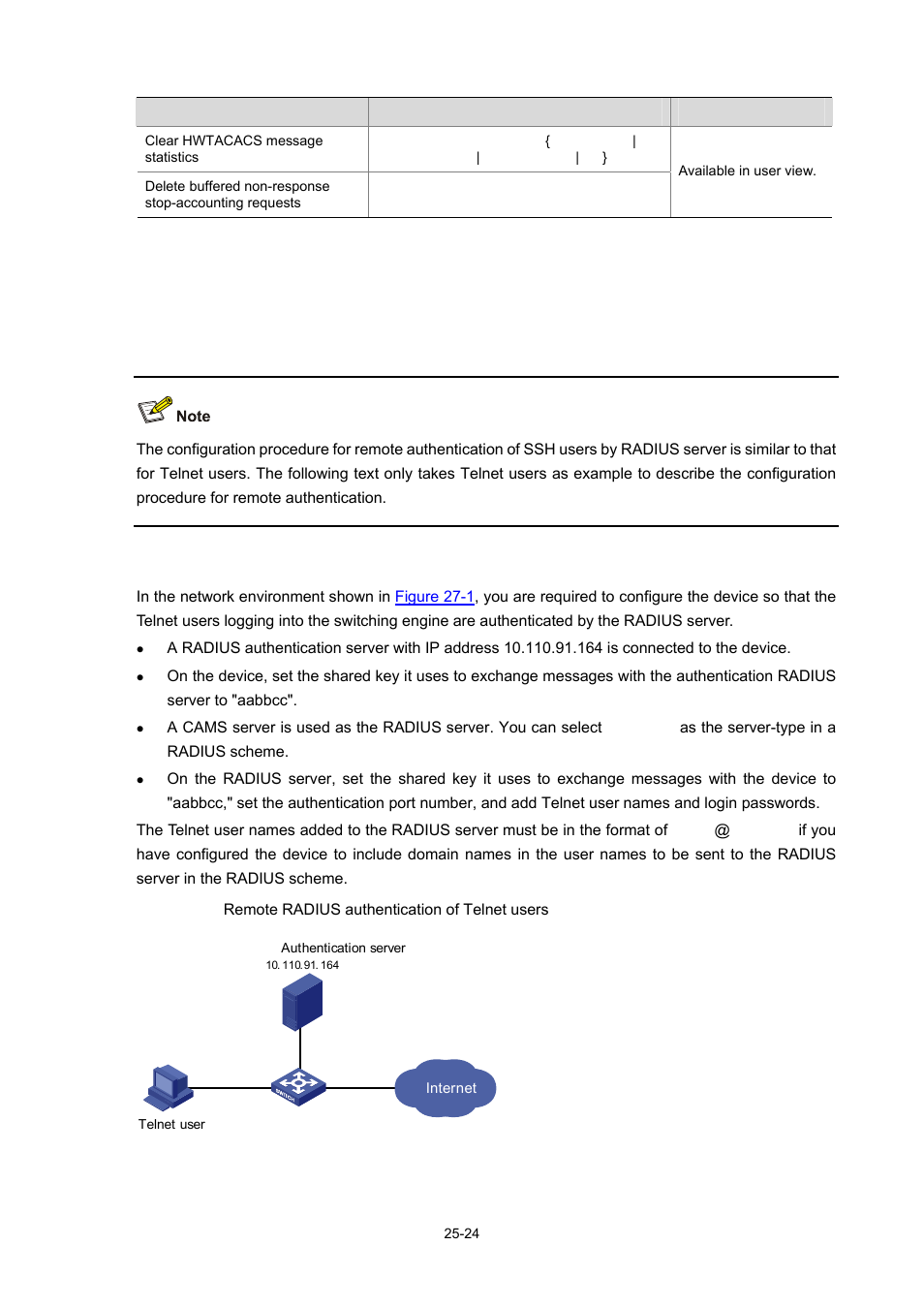 Aaa configuration examples, Remote radius authentication of telnet/ssh users | H3C Technologies H3C WX3000 Series Unified Switches User Manual | Page 276 / 686