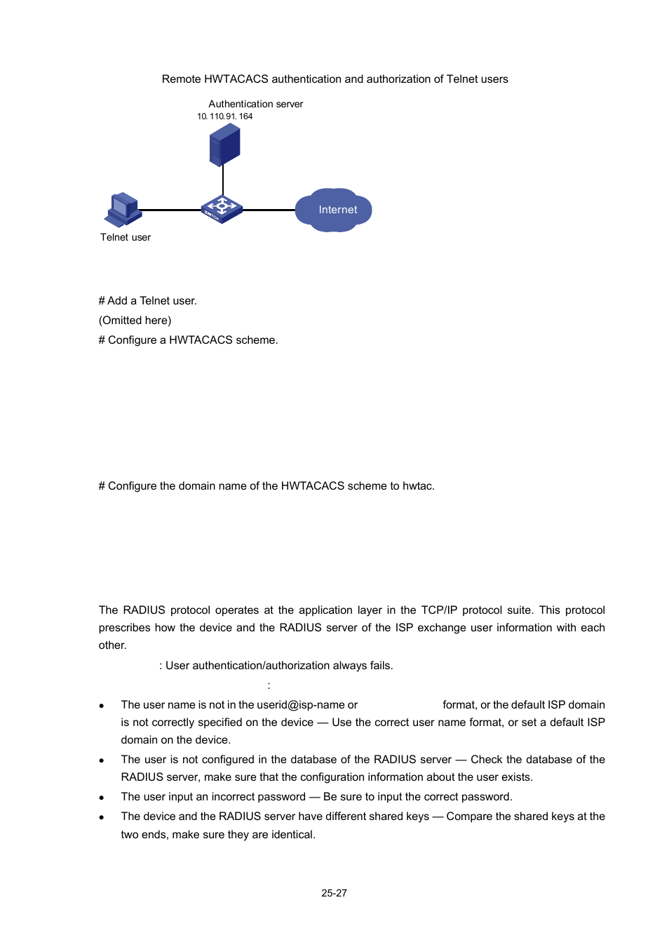 Troubleshooting aaa, Troubleshooting radius configuration, Troubleshooting radius configuration -27 | H3C Technologies H3C WX3000 Series Unified Switches User Manual | Page 279 / 686