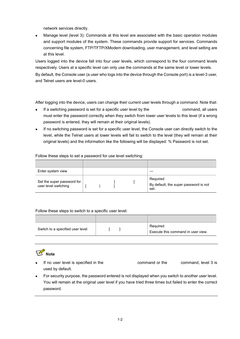 Switching user levels, Setting a user level switching password, Switching to a specific user level | H3C Technologies H3C WX3000 Series Unified Switches User Manual | Page 28 / 686