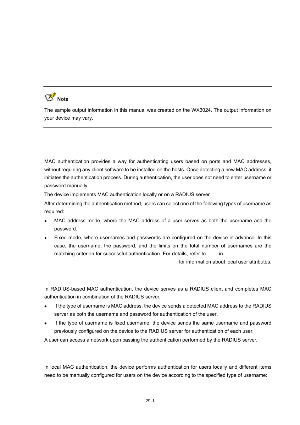 29 mac authentication configuration, Mac authentication overview, Performing mac authentication on a radius server | Performing mac authentication locally, Mac authentication configuration | H3C Technologies H3C WX3000 Series Unified Switches User Manual | Page 284 / 686