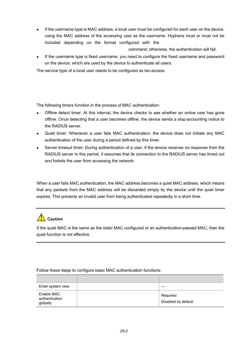 Related concepts, Mac authentication timers, Quiet mac address | Configuring basic mac authentication functions, 2 quiet mac address, Configuring basic mac authentication functions -2 | H3C Technologies H3C WX3000 Series Unified Switches User Manual | Page 285 / 686