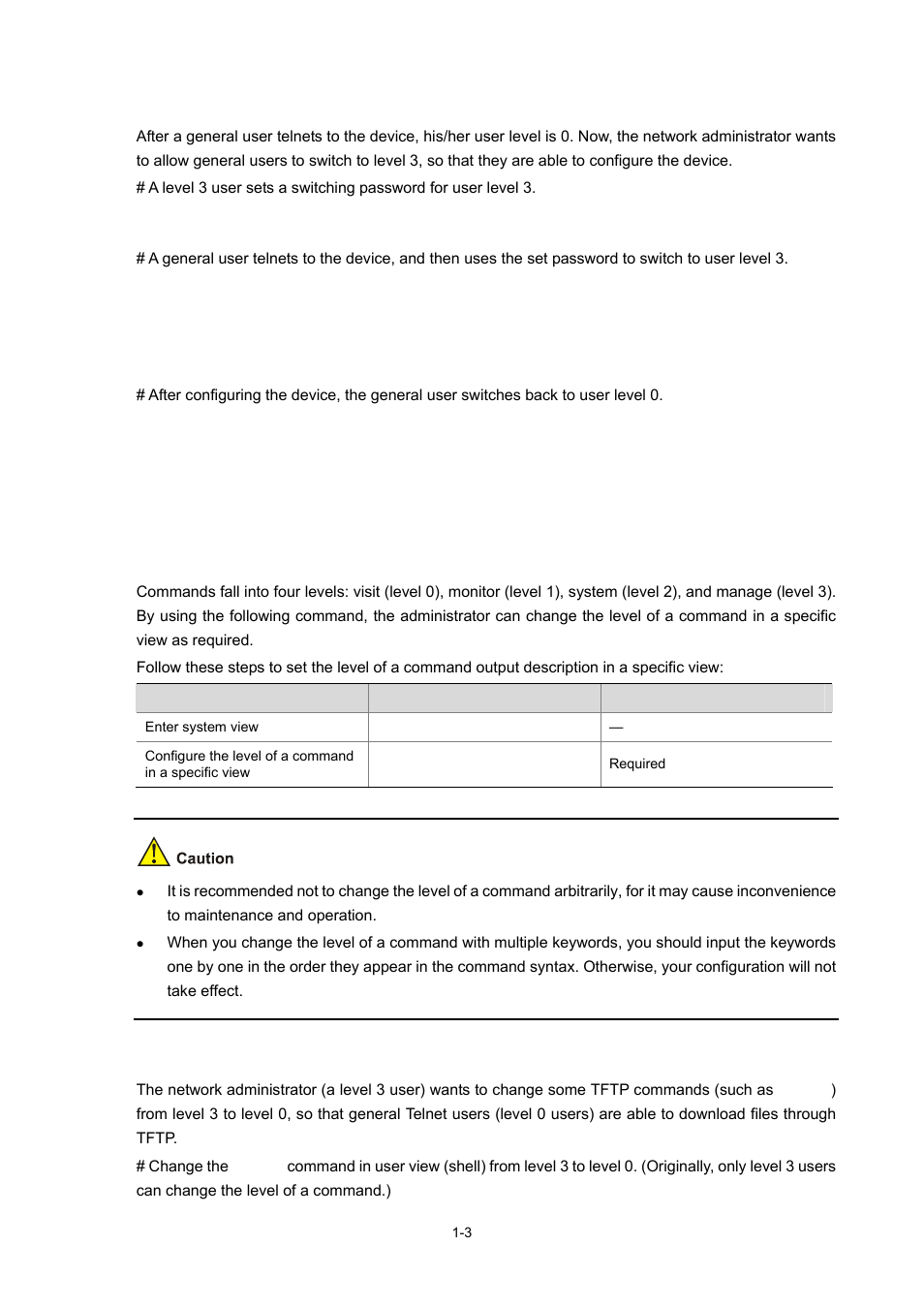 Configuration example, Setting the level of a command in a specific view | H3C Technologies H3C WX3000 Series Unified Switches User Manual | Page 29 / 686