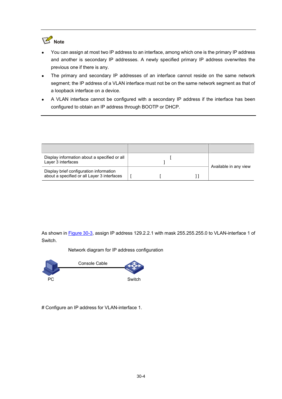 Displaying and maintaining ip addressing, Ip address configuration examples, Ip address configuration example i | 4 ip address configuration examples, Ip address configuration example i -4 | H3C Technologies H3C WX3000 Series Unified Switches User Manual | Page 295 / 686