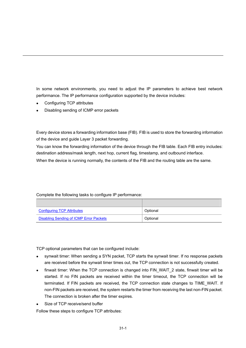 31 ip performance configuration, Ip performance overview, Introduction to ip performance configuration | Introduction to fib, Configuring ip performance, Configuration task list, Configuring tcp attributes, 1 configuring tcp attributes, Ip performance configuration | H3C Technologies H3C WX3000 Series Unified Switches User Manual | Page 298 / 686