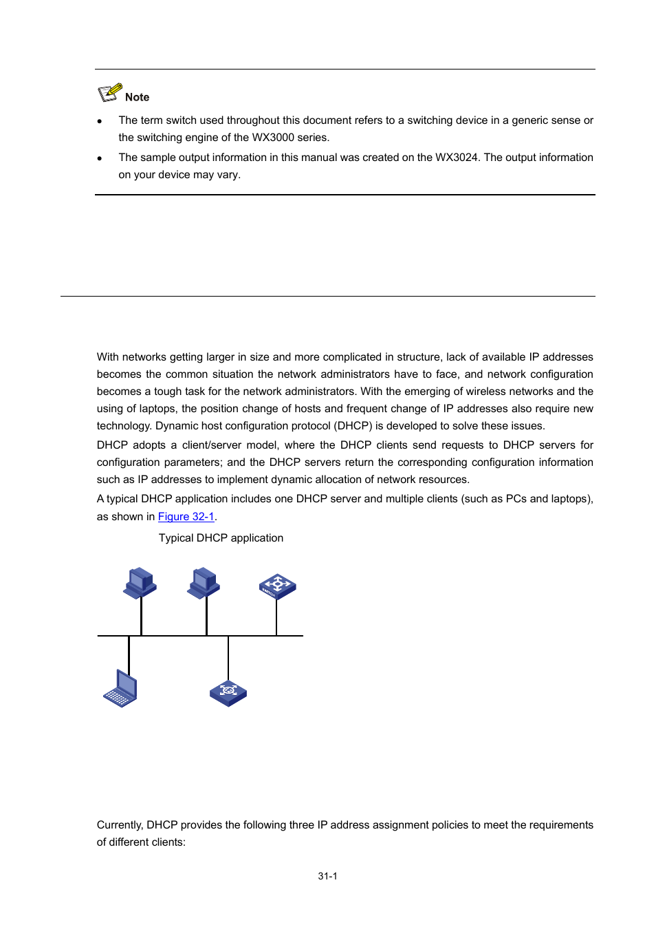 32 dhcp overview, Introduction to dhcp, Dhcp ip address assignment | Ip address assignment policy, 1 dhcp ip address assignment, Dhcp overview | H3C Technologies H3C WX3000 Series Unified Switches User Manual | Page 301 / 686