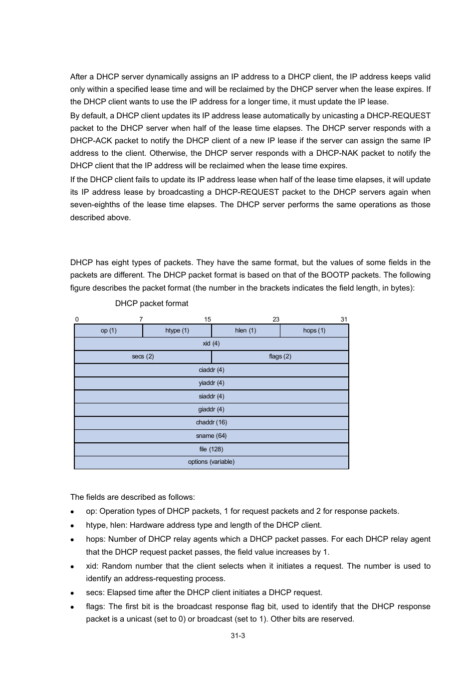 Updating ip address lease, Dhcp packet format | H3C Technologies H3C WX3000 Series Unified Switches User Manual | Page 303 / 686
