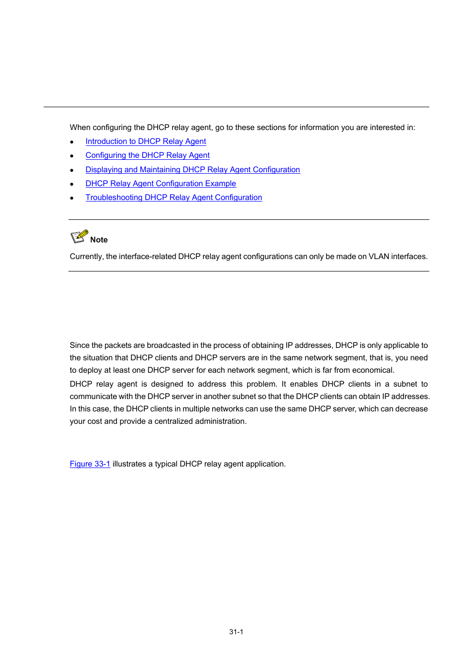 33 dhcp relay agent configuration, Introduction to dhcp relay agent, Usage of dhcp relay agent | Dhcp relay agent fundamentals, 1 dhcp relay agent fundamentals -1, Dhcp relay agent configuration | H3C Technologies H3C WX3000 Series Unified Switches User Manual | Page 305 / 686