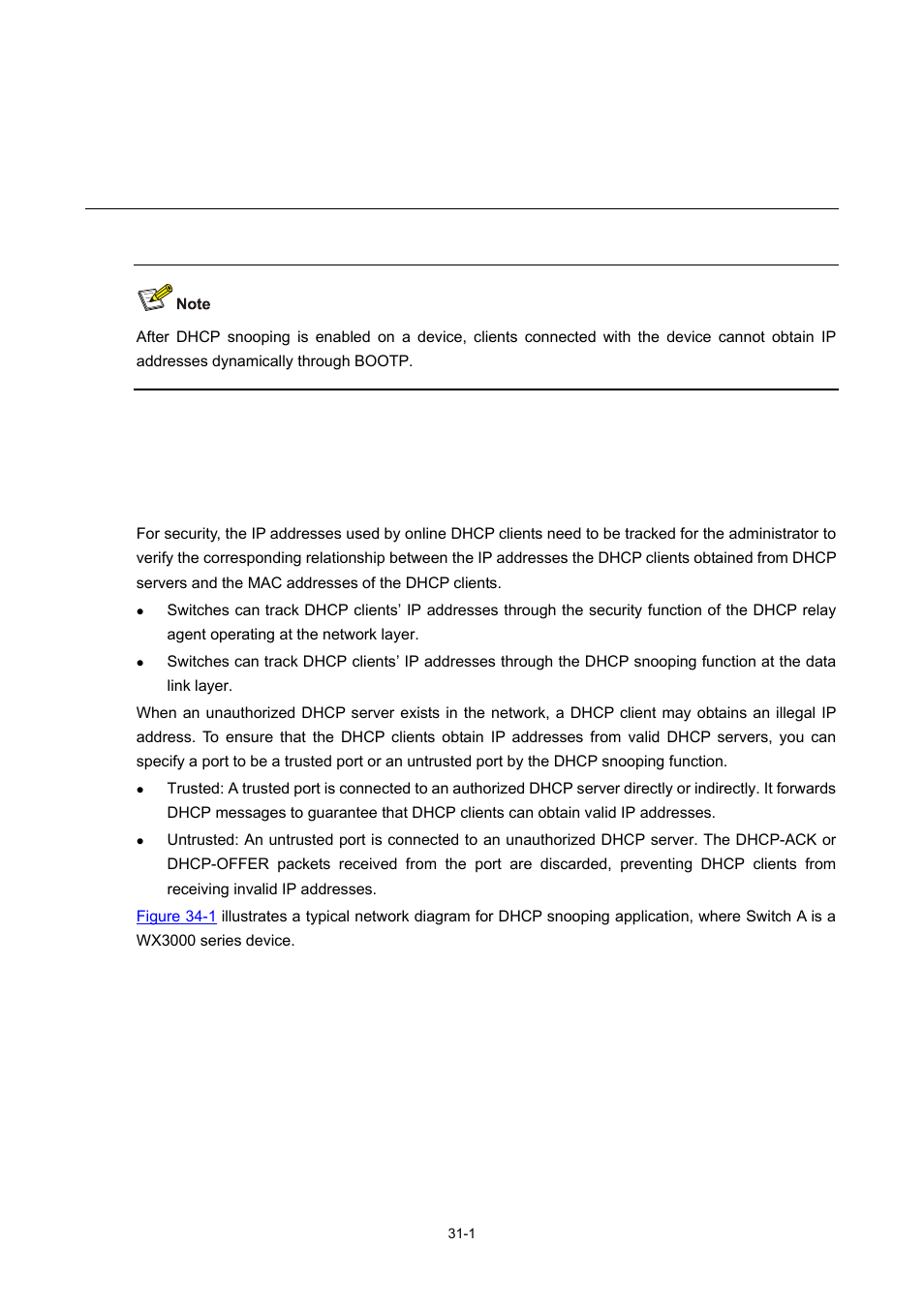 34 dhcp snooping configuration, Dhcp snooping overview, Function of dhcp snooping | Dhcp snooping configuration | H3C Technologies H3C WX3000 Series Unified Switches User Manual | Page 315 / 686