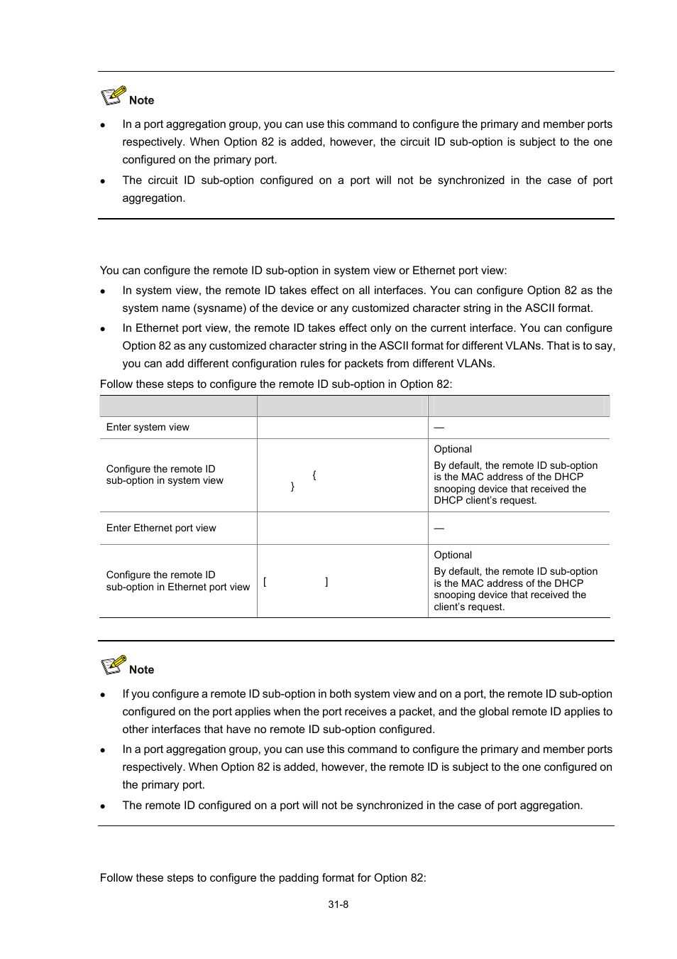 Configure the remote id sub-option, Configure the padding format for option 82 | H3C Technologies H3C WX3000 Series Unified Switches User Manual | Page 322 / 686