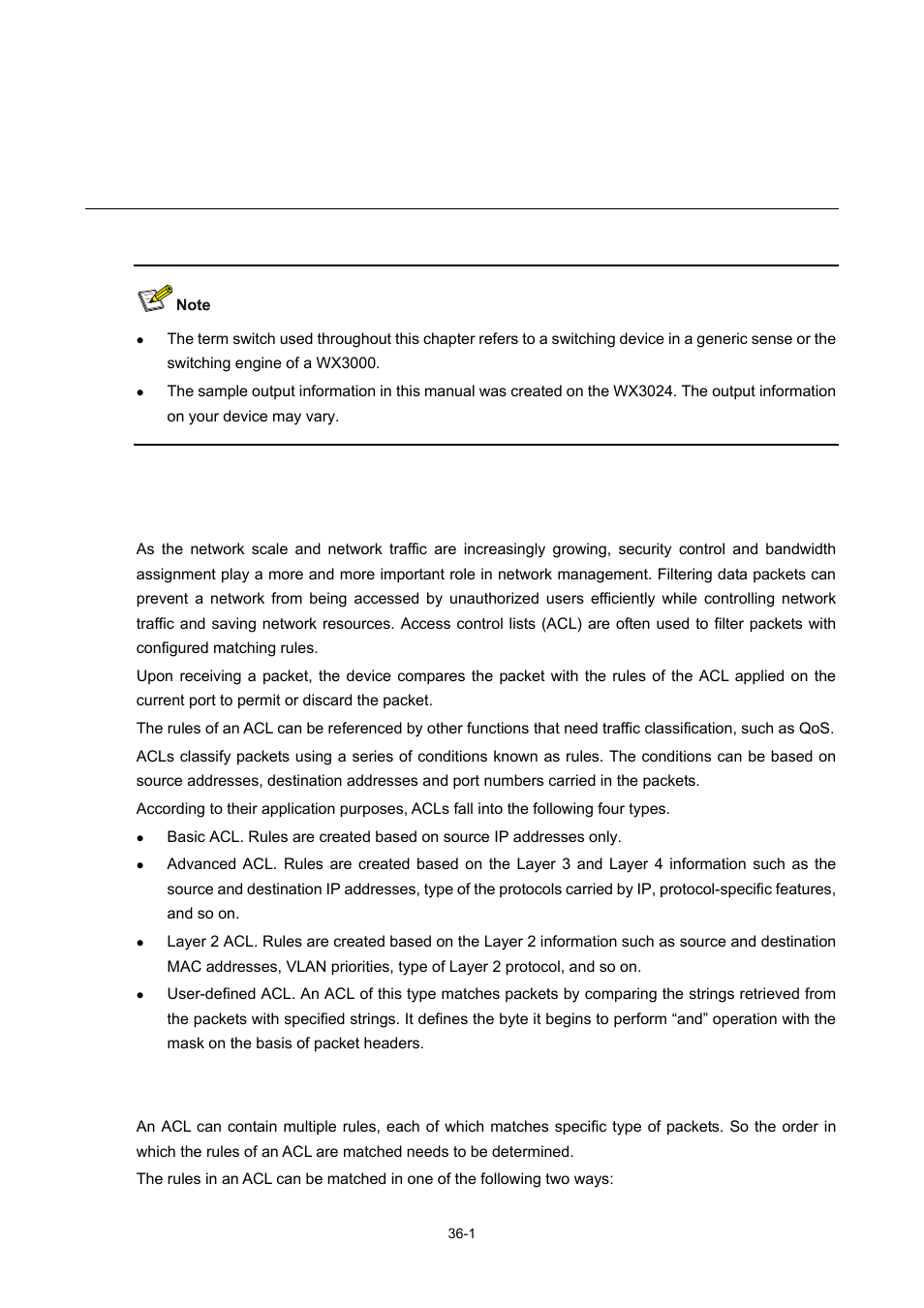 36 acl configuration, Acl overview, Acl matching order | Acl configuration | H3C Technologies H3C WX3000 Series Unified Switches User Manual | Page 330 / 686