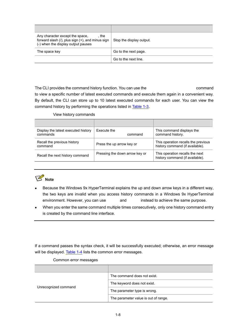 Command history, Error prompts, 8 error prompts | H3C Technologies H3C WX3000 Series Unified Switches User Manual | Page 34 / 686