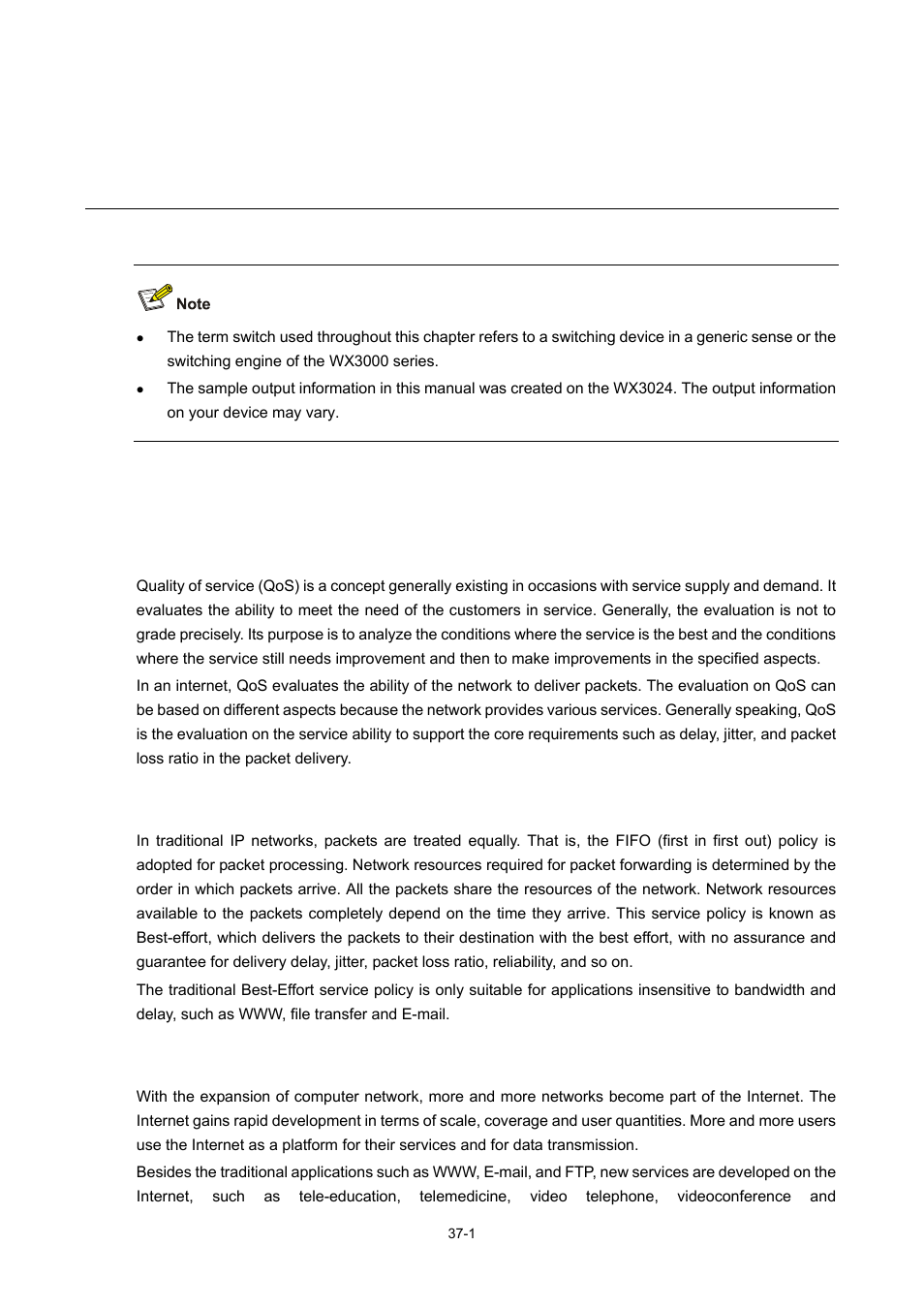 37 qos configuration, Overview, Introduction to qos | Traditional packet forwarding service, New applications and new requirements, Qos configuration | H3C Technologies H3C WX3000 Series Unified Switches User Manual | Page 345 / 686