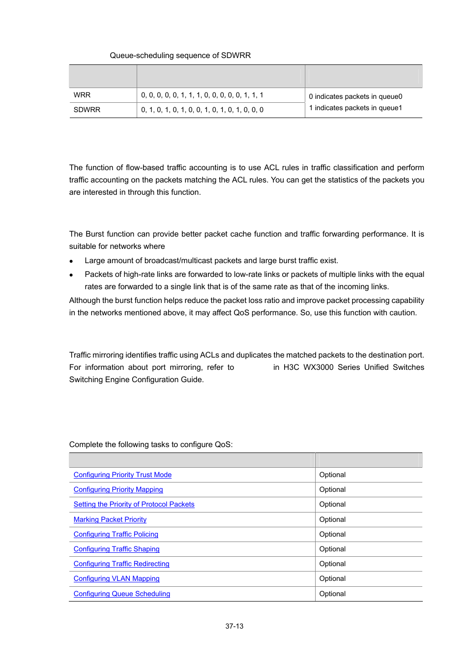 Flow-based traffic accounting, Burst, Traffic mirroring | Qos configuration, Qos configuration task list, 13 burst, 13 traffic mirroring | H3C Technologies H3C WX3000 Series Unified Switches User Manual | Page 357 / 686