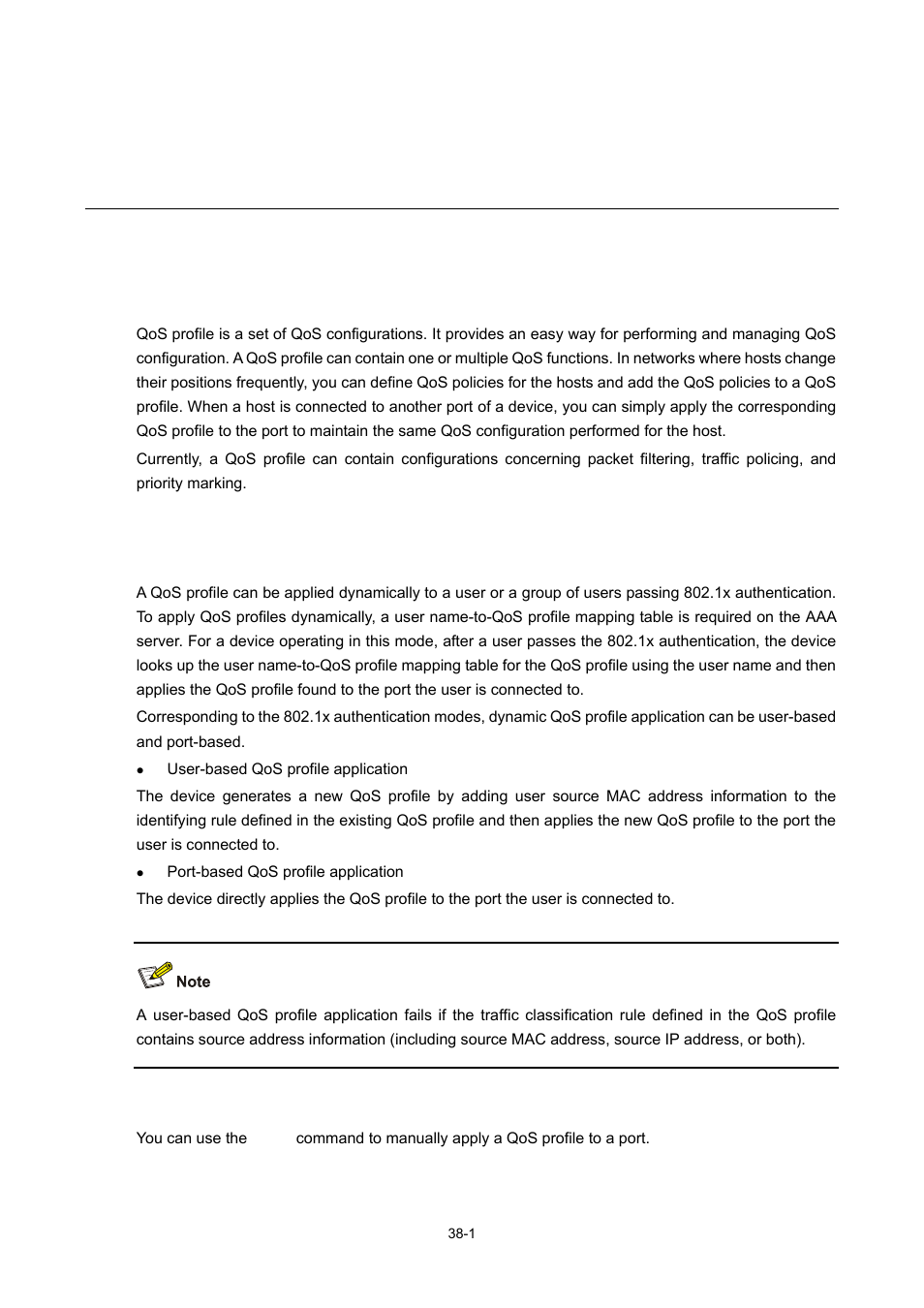 38 qos profile configuration, Overview, Introduction to qos profile | Qos profile application mode, 1 qos profile application mode, Qos profile configuration | H3C Technologies H3C WX3000 Series Unified Switches User Manual | Page 378 / 686