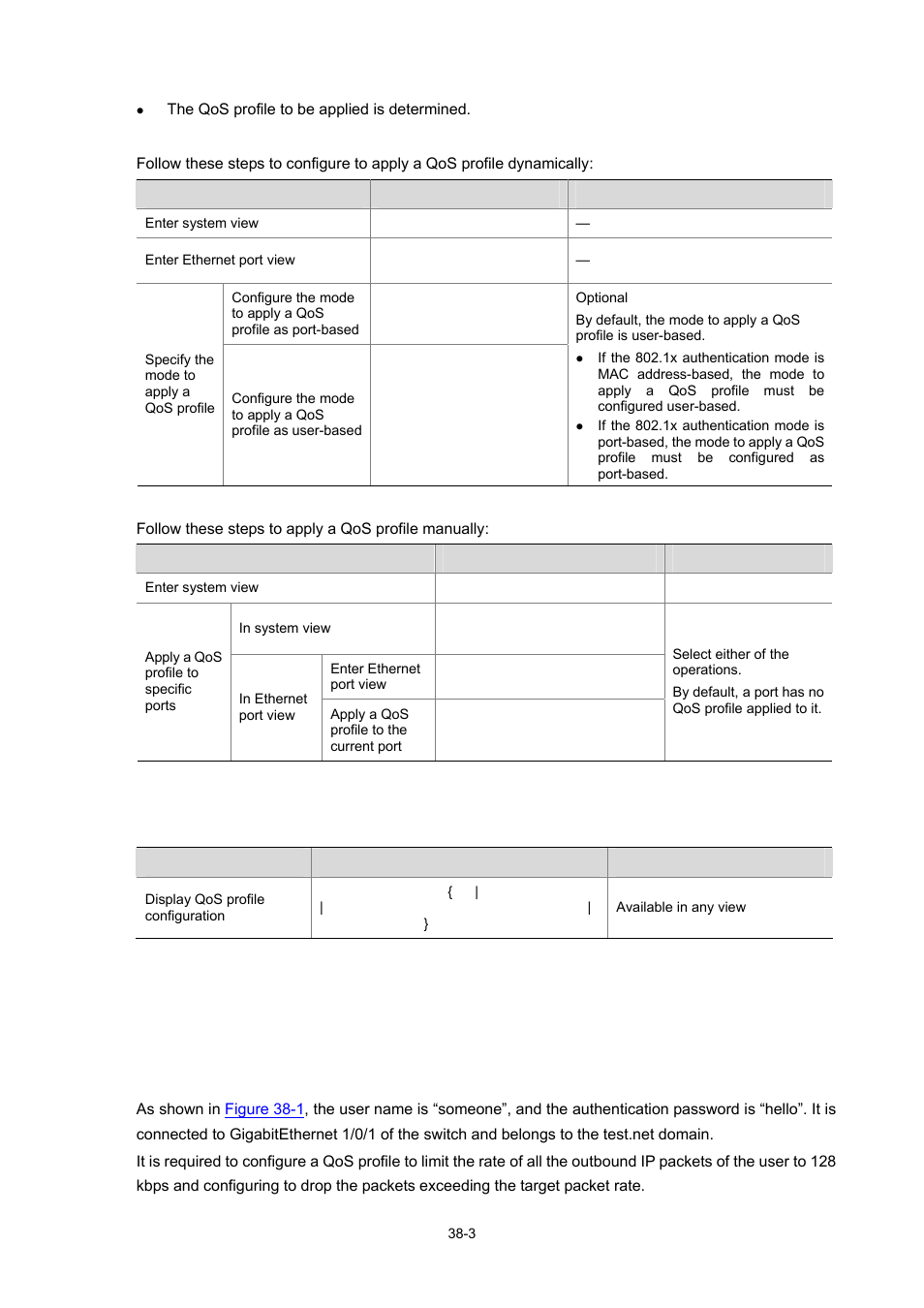 Displaying and maintaining qos profile, Configuration example, Qos profile configuration example | Displaying and maintaining qos profile -3 | H3C Technologies H3C WX3000 Series Unified Switches User Manual | Page 380 / 686