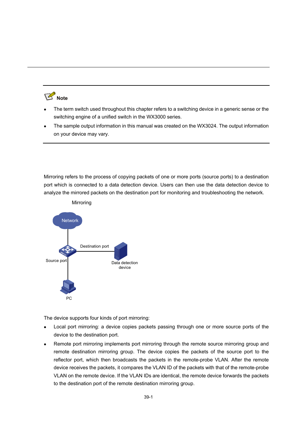 39 mirroring configuration, Mirroring overview, Mirroring configuration | H3C Technologies H3C WX3000 Series Unified Switches User Manual | Page 383 / 686