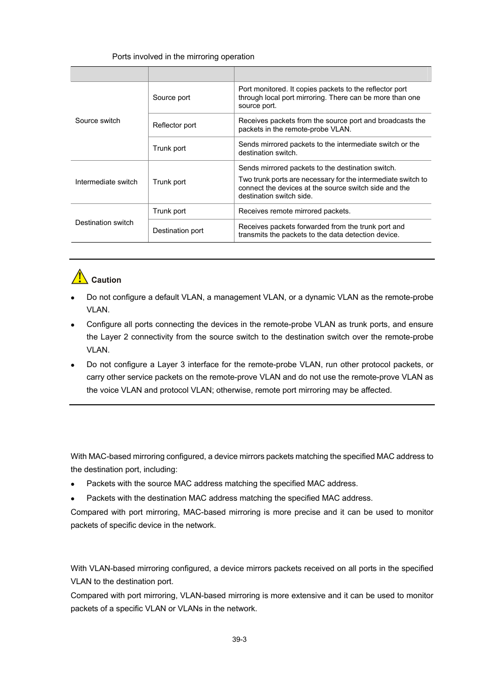 Mac-based mirroring, Vlan-based mirroring, 3 vlan-based mirroring | Table 39-1 | H3C Technologies H3C WX3000 Series Unified Switches User Manual | Page 385 / 686