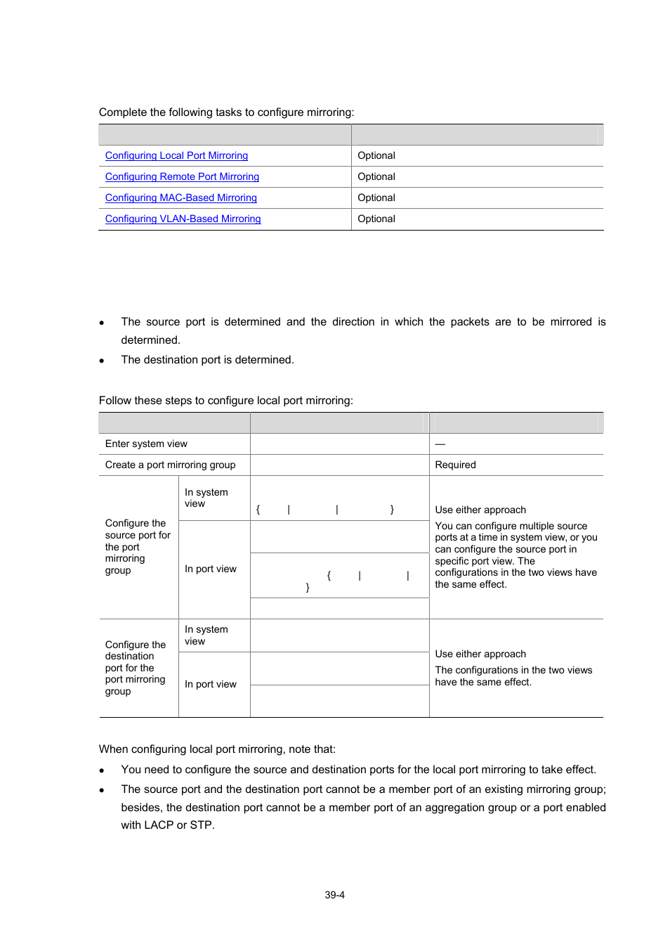 Mirroring configuration, Configuring local port mirroring | H3C Technologies H3C WX3000 Series Unified Switches User Manual | Page 386 / 686