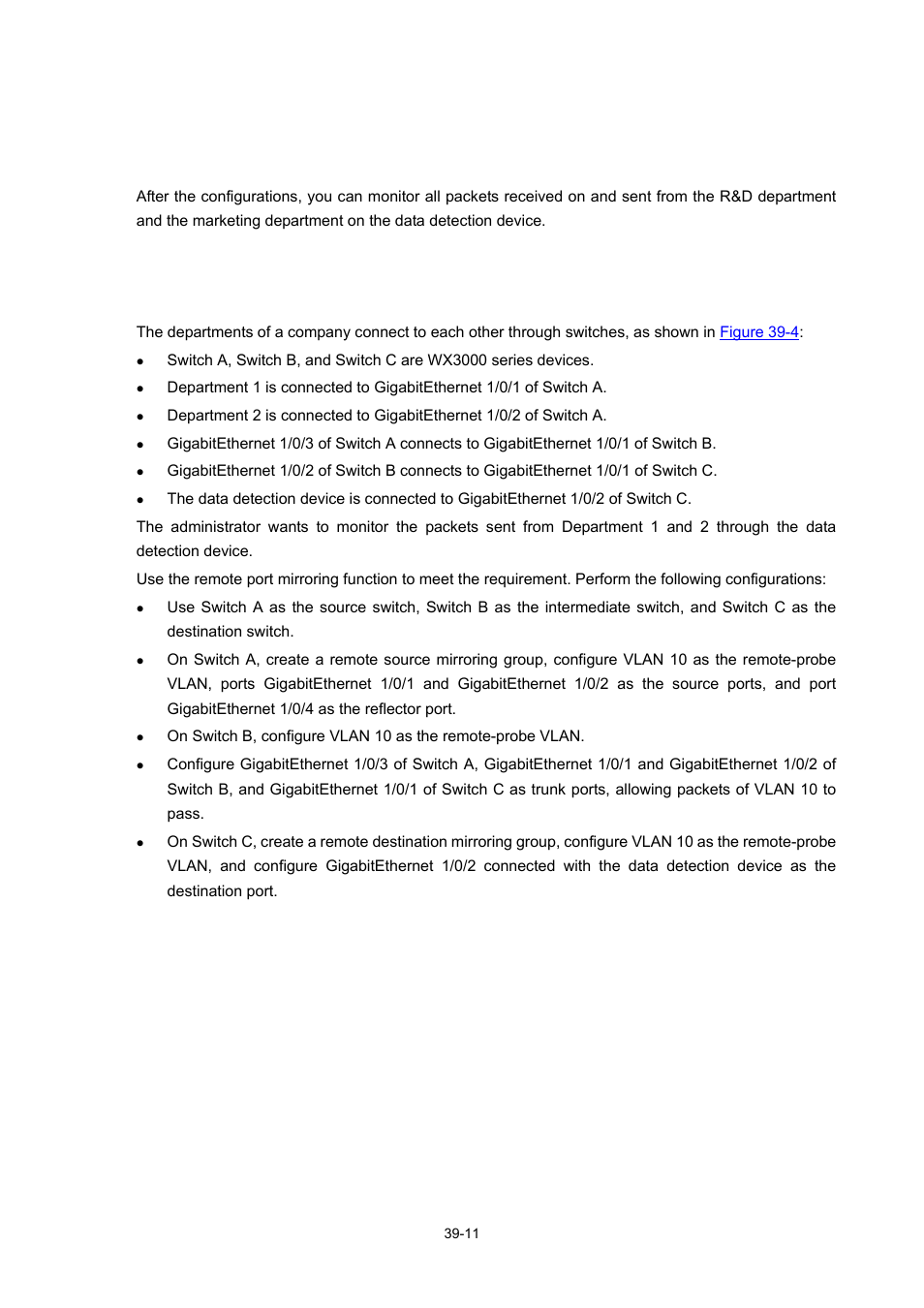 Remote port mirroring configuration example, Remote port mirroring configuration example -11 | H3C Technologies H3C WX3000 Series Unified Switches User Manual | Page 393 / 686
