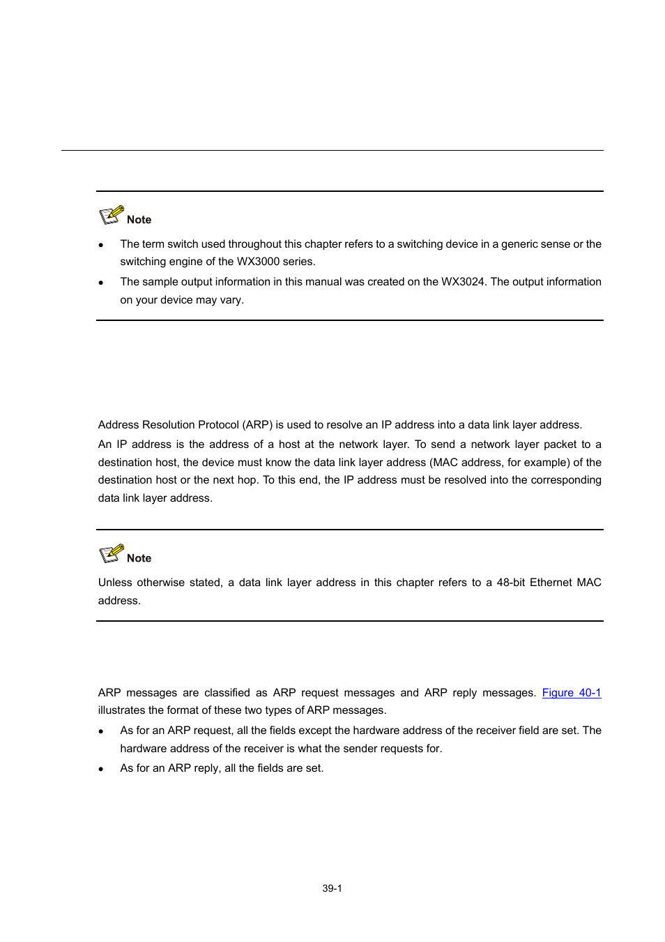 40 arp configuration, Introduction to arp, Arp function | Arp message format, 1 arp message format, Arp configuration | H3C Technologies H3C WX3000 Series Unified Switches User Manual | Page 396 / 686