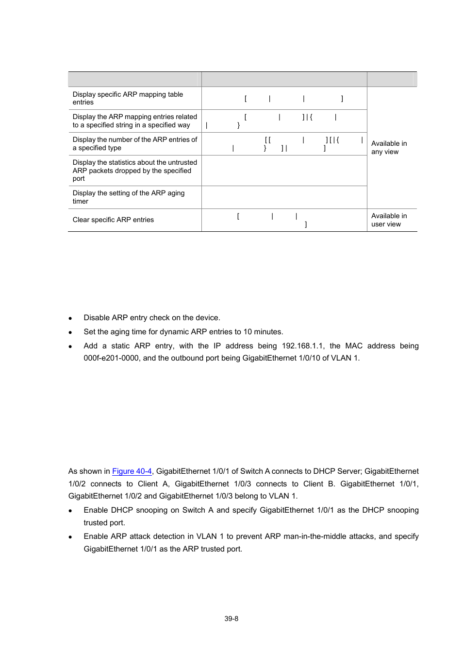 Displaying and maintaining arp, Arp configuration example, Arp basic configuration example | Arp attack detection configuration example, 8 arp configuration example | H3C Technologies H3C WX3000 Series Unified Switches User Manual | Page 403 / 686