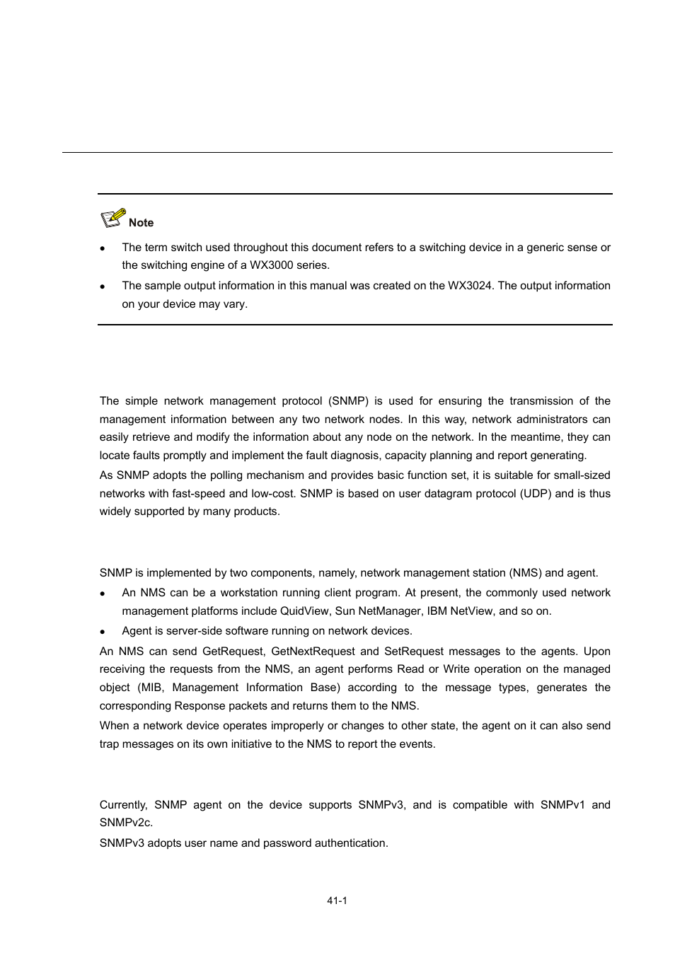 41 snmp configuration, Snmp overview, Snmp operation mechanism | Snmp versions, 1 snmp versions, Snmp configuration | H3C Technologies H3C WX3000 Series Unified Switches User Manual | Page 405 / 686