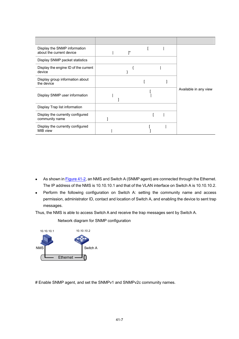 Displaying and maintaining snmp, Snmp configuration examples, 7 snmp configuration examples | H3C Technologies H3C WX3000 Series Unified Switches User Manual | Page 411 / 686