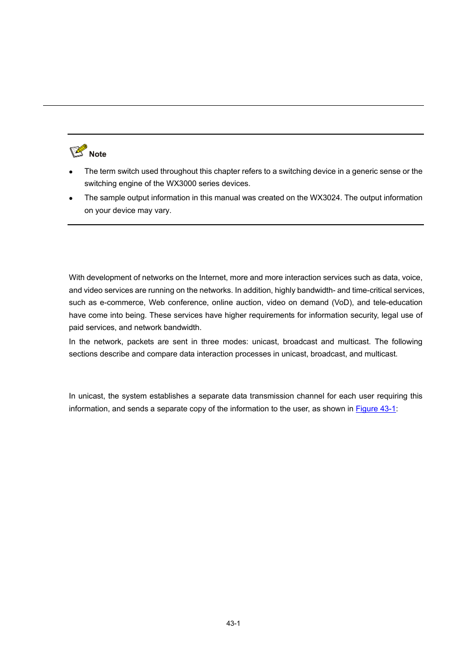 43 multicast overview, Multicast overview, Information transmission in the unicast mode | Information transmission in the unicast mode -1 | H3C Technologies H3C WX3000 Series Unified Switches User Manual | Page 418 / 686
