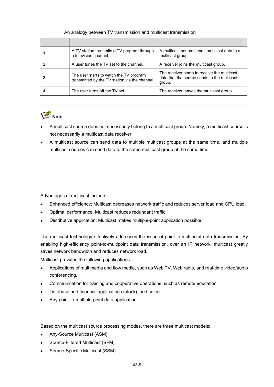 Advantages and applications of multicast, Multicast models, Advantages and applications of multicast -5 | Table 43-1 | H3C Technologies H3C WX3000 Series Unified Switches User Manual | Page 422 / 686