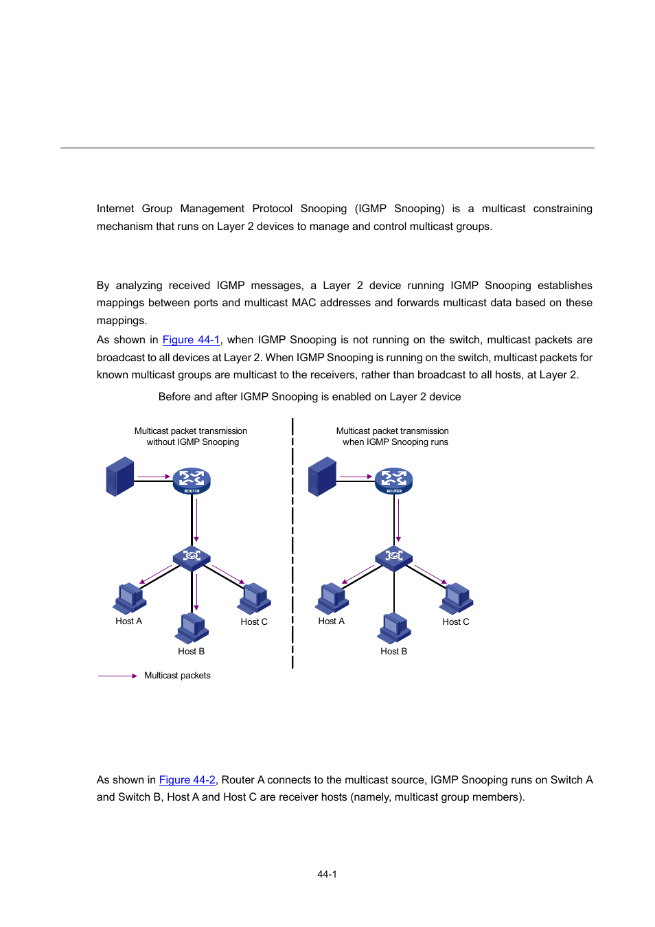 44 igmp snooping configuration, Igmp snooping overview, Principle of igmp snooping | Basic concepts in igmp snooping, 1 basic concepts in igmp snooping -1, Igmp snooping configuration | H3C Technologies H3C WX3000 Series Unified Switches User Manual | Page 431 / 686