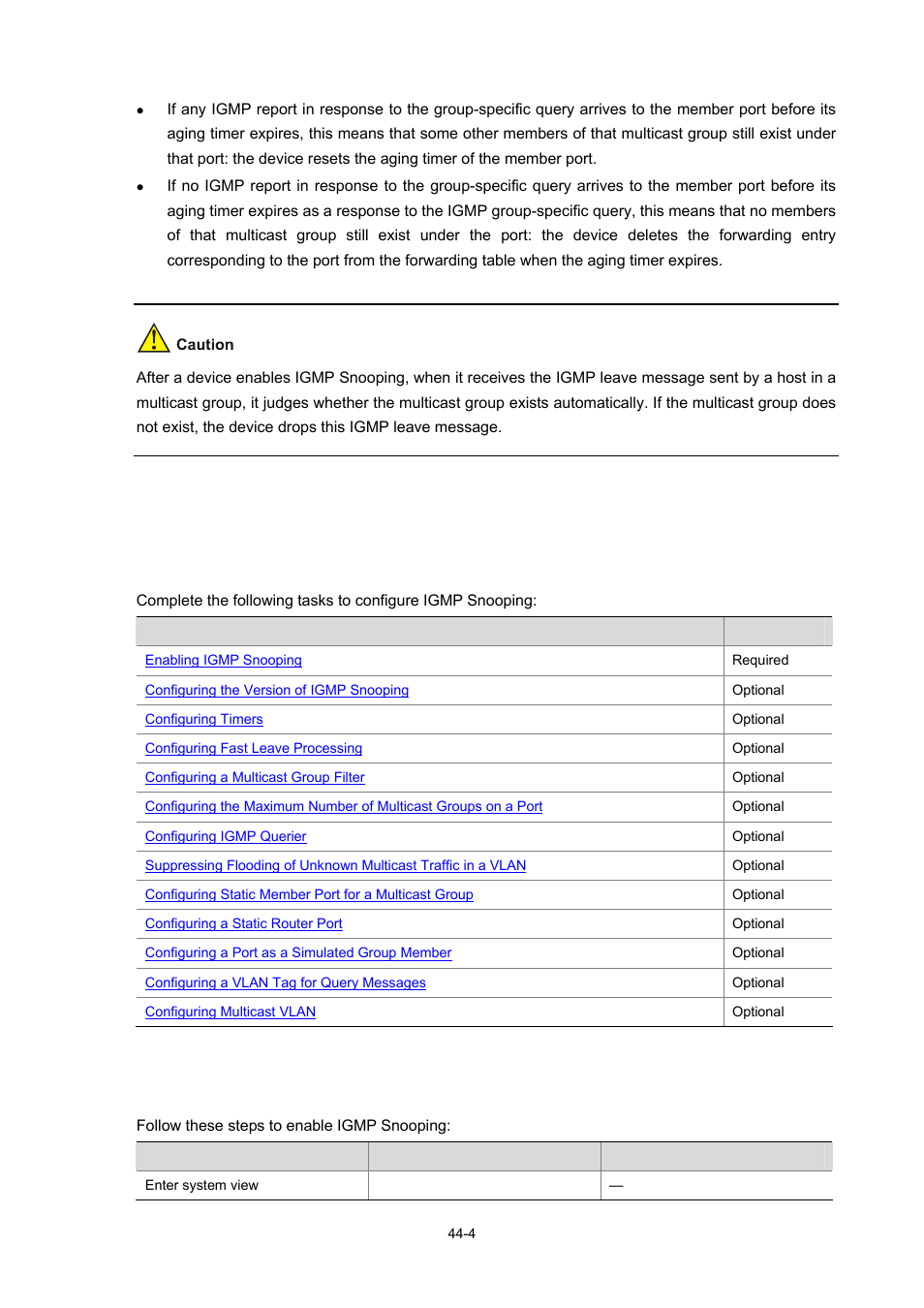 Igmp snooping configuration, Igmp snooping configuration task list, Enabling igmp snooping | H3C Technologies H3C WX3000 Series Unified Switches User Manual | Page 434 / 686