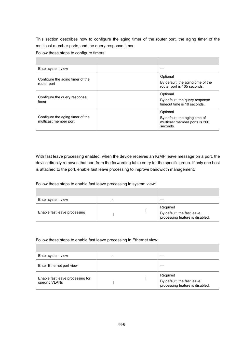 Configuring timers, Configuring fast leave processing, 6 configuring fast leave processing -6 | H3C Technologies H3C WX3000 Series Unified Switches User Manual | Page 436 / 686