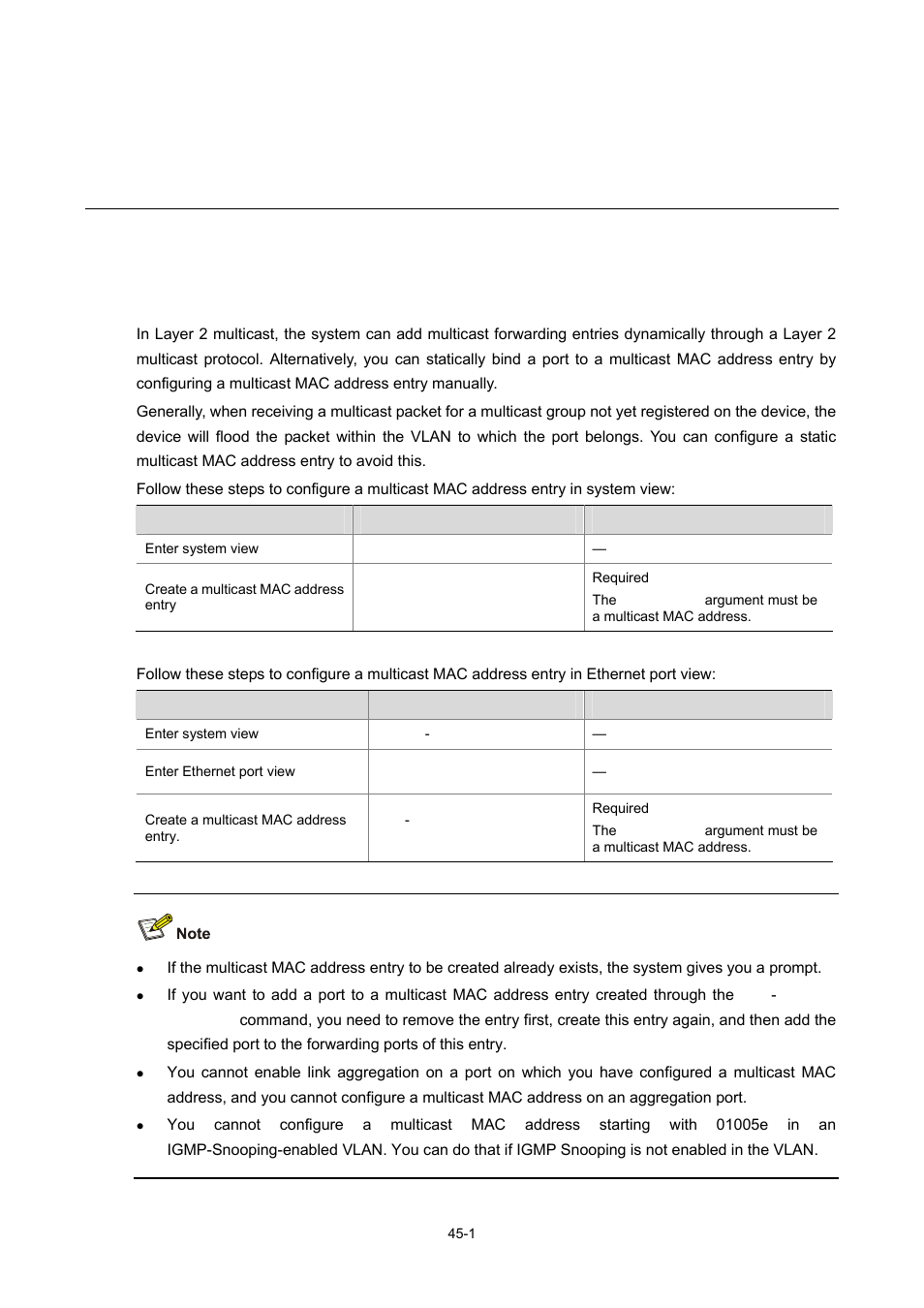 45 common multicast configuration, Common multicast configuration, Configuring a multicast mac address entry | Configuring a multicast mac address entry -1 | H3C Technologies H3C WX3000 Series Unified Switches User Manual | Page 450 / 686