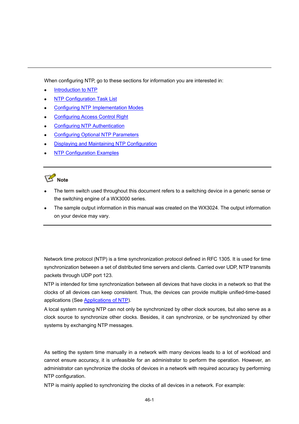 46 ntp configuration, Introduction to ntp, Applications of ntp | Ntp configuration | H3C Technologies H3C WX3000 Series Unified Switches User Manual | Page 452 / 686